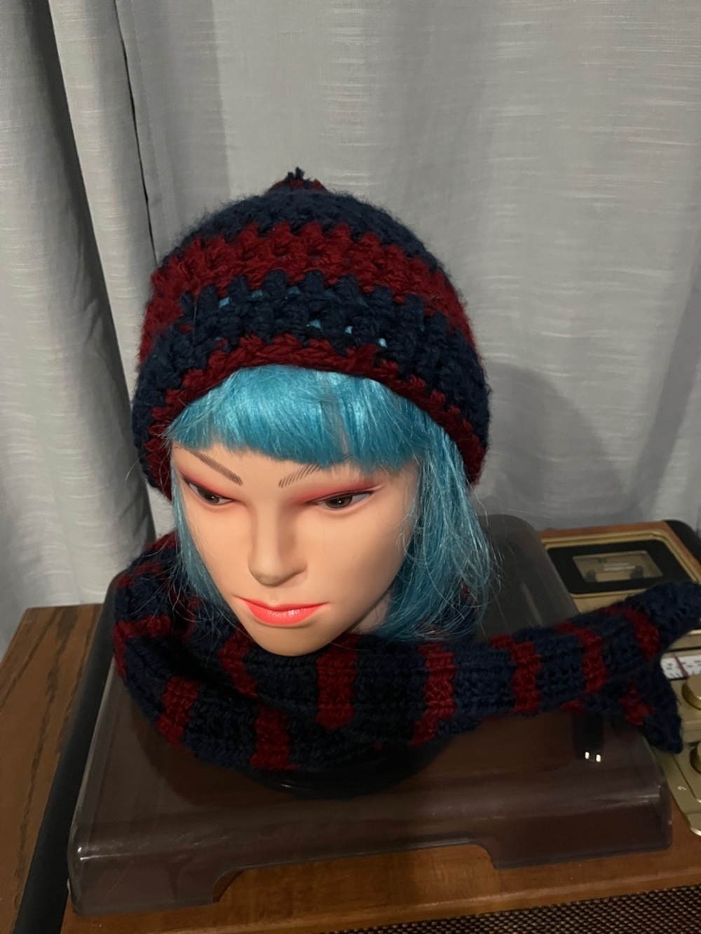Striped Knit Hat & Scarf Set - Navy & Burgundy hand made💕